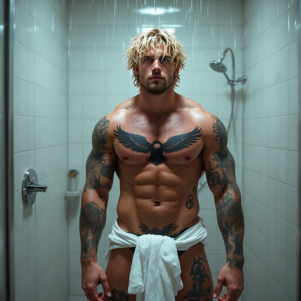AI generated: Distant view, full body view head to toe, tall toned jock, blue eyes, wavy blond messy hair, lots of...