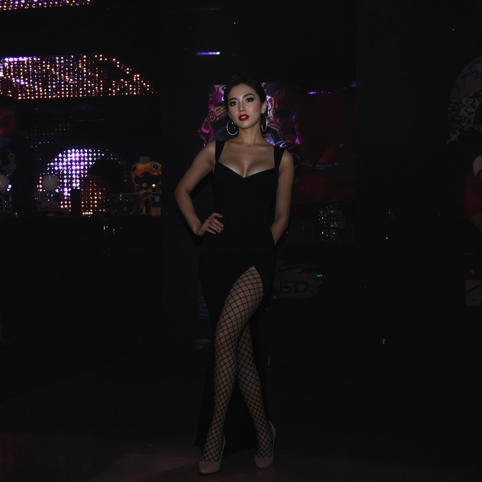 AI generated: In a dimly lit, pulsating disco, a stunning Korean model shines bright, The fitted dress hugs her 