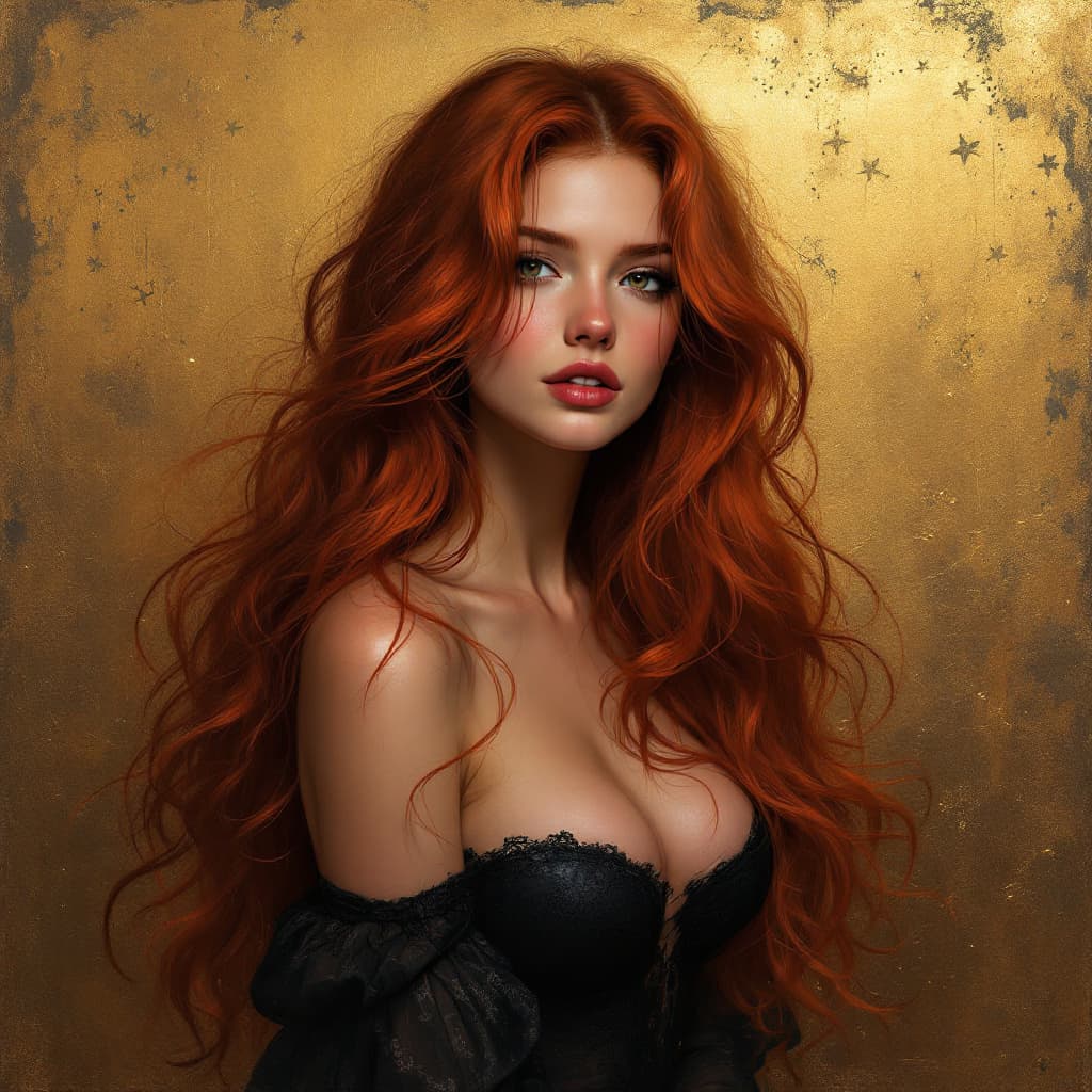 AI generated: a woman with long red hair in a gold painting, in the style of charlie bowater, dark blue and dark b...