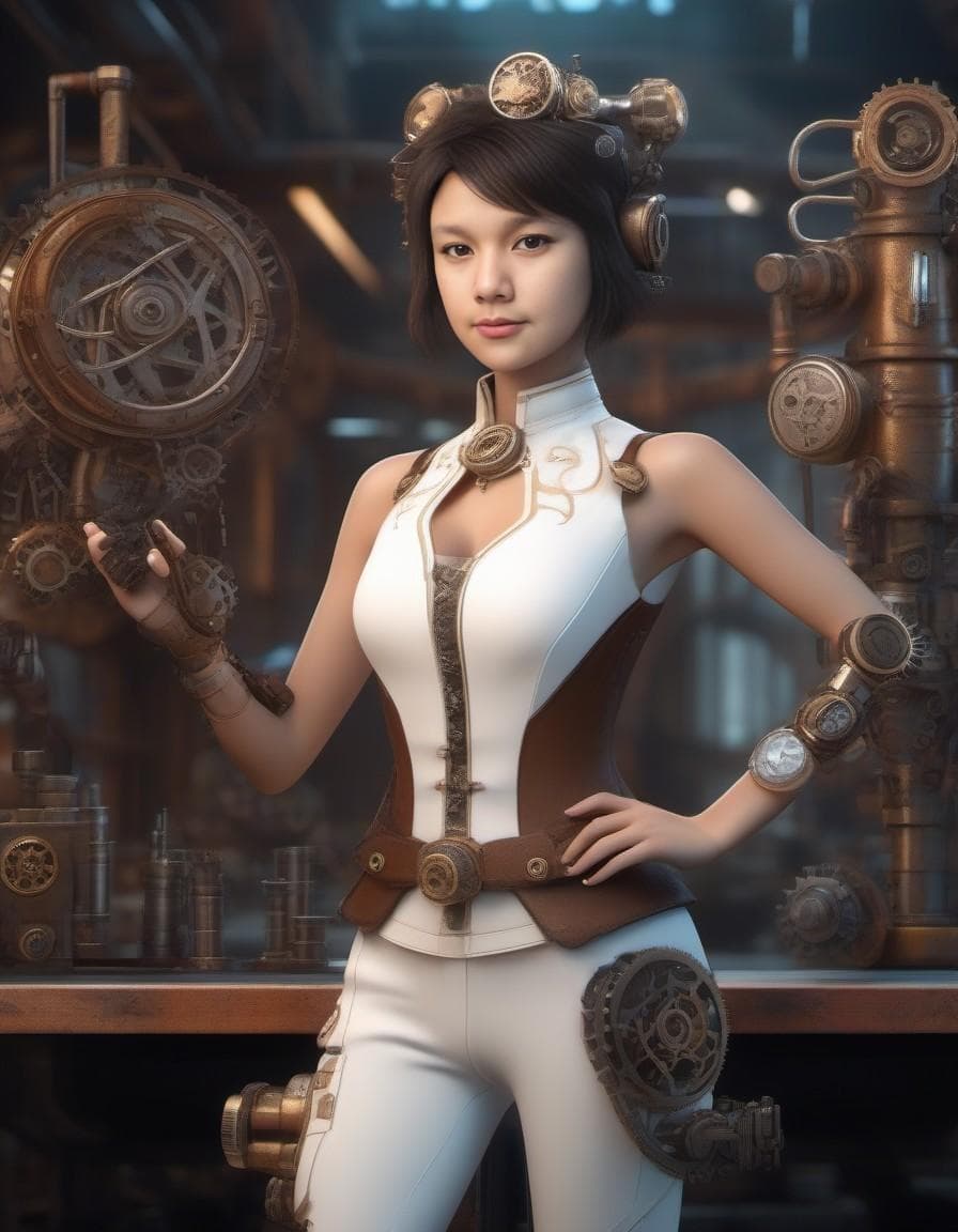 AI generated: Illustrate a steampunk inventor character with mechanical limbs, intricate gadgets, and complex mach...