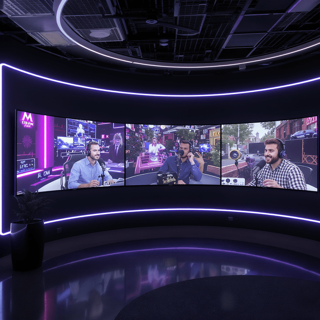 AI generated:  modern day futuristic  virtual podcast studio the podcasters should be on 3 huge separate   screens