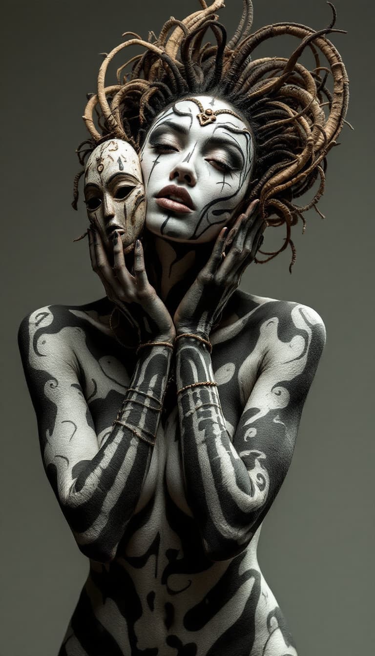 AI generated: Body Painting, Organic Forms, Skin as Canvas, Primal, Woman Holding a Tribal Mask Adorning, Expressi...