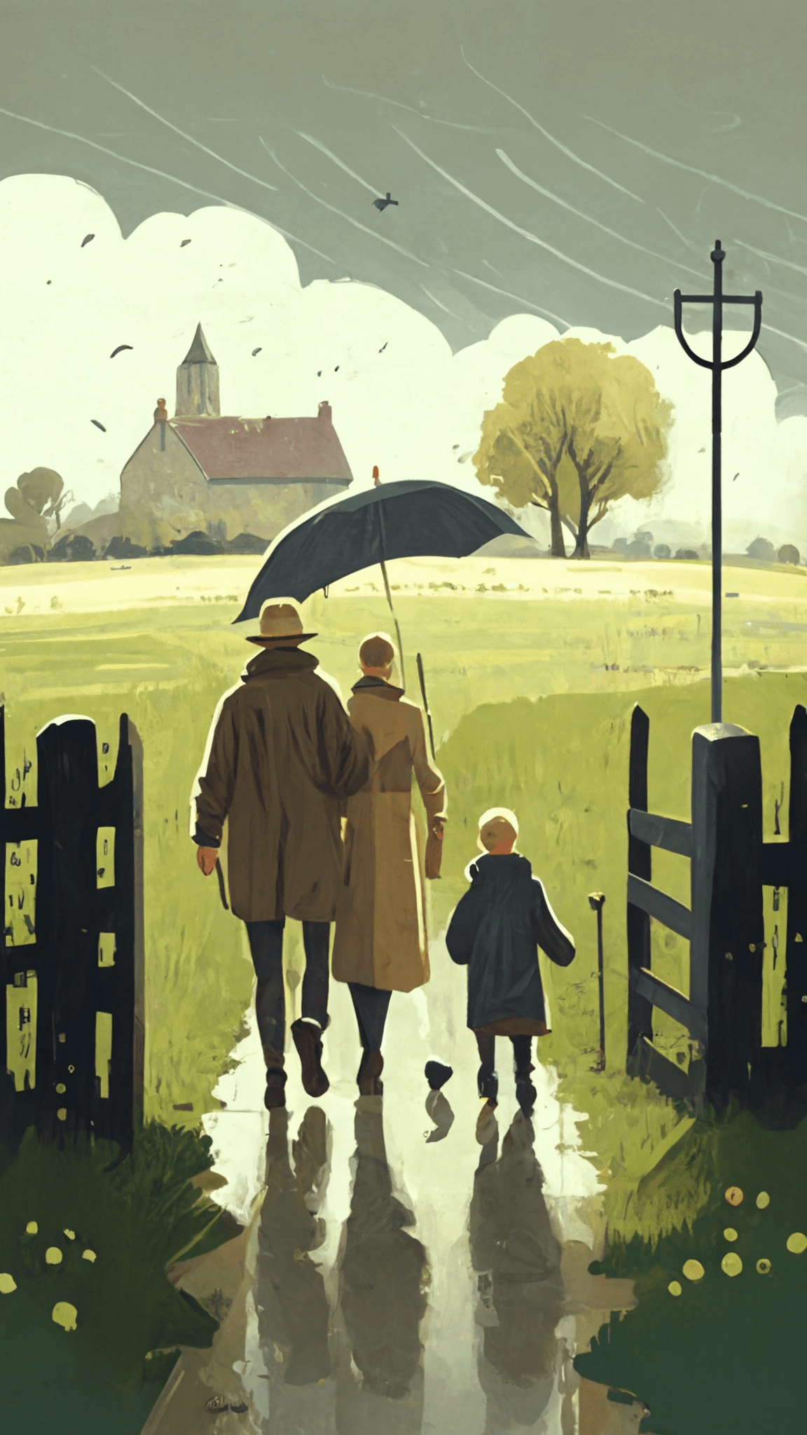 AI generated: Operational campaign design, flat illustration, Tomb-sweeping Day, family, walking, countryside, fie...