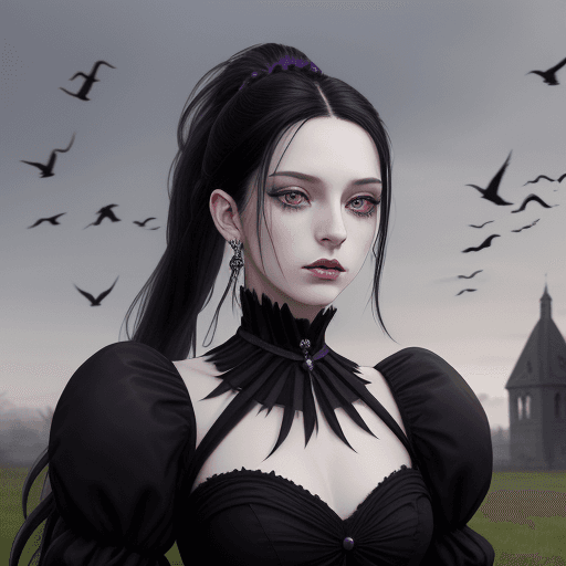 AI generated: high resolution, european female, fantasy, pale skin, purple eyes, long very black hair with a ponyt...