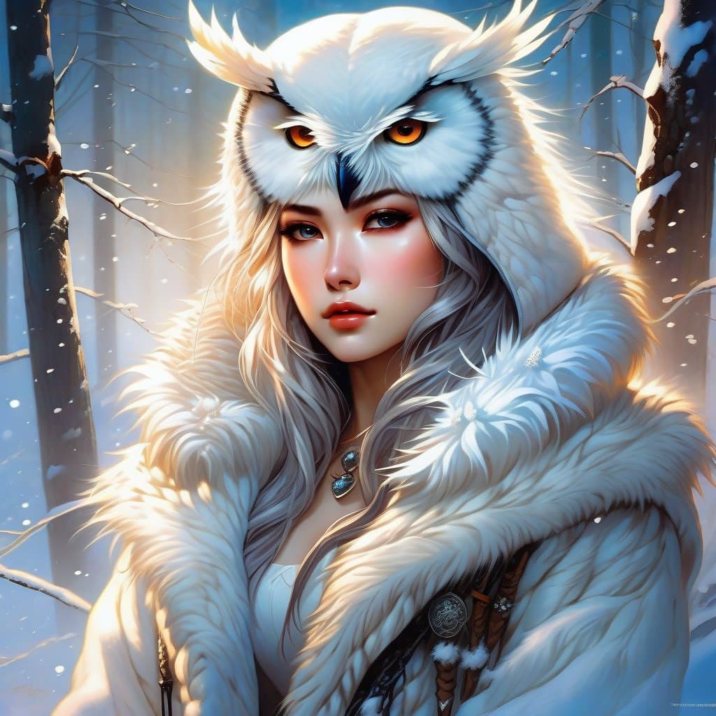 AI generated: A digital portrait of a female Winter Wildling, white owl thick fur pelt winter coat, cinematic them...