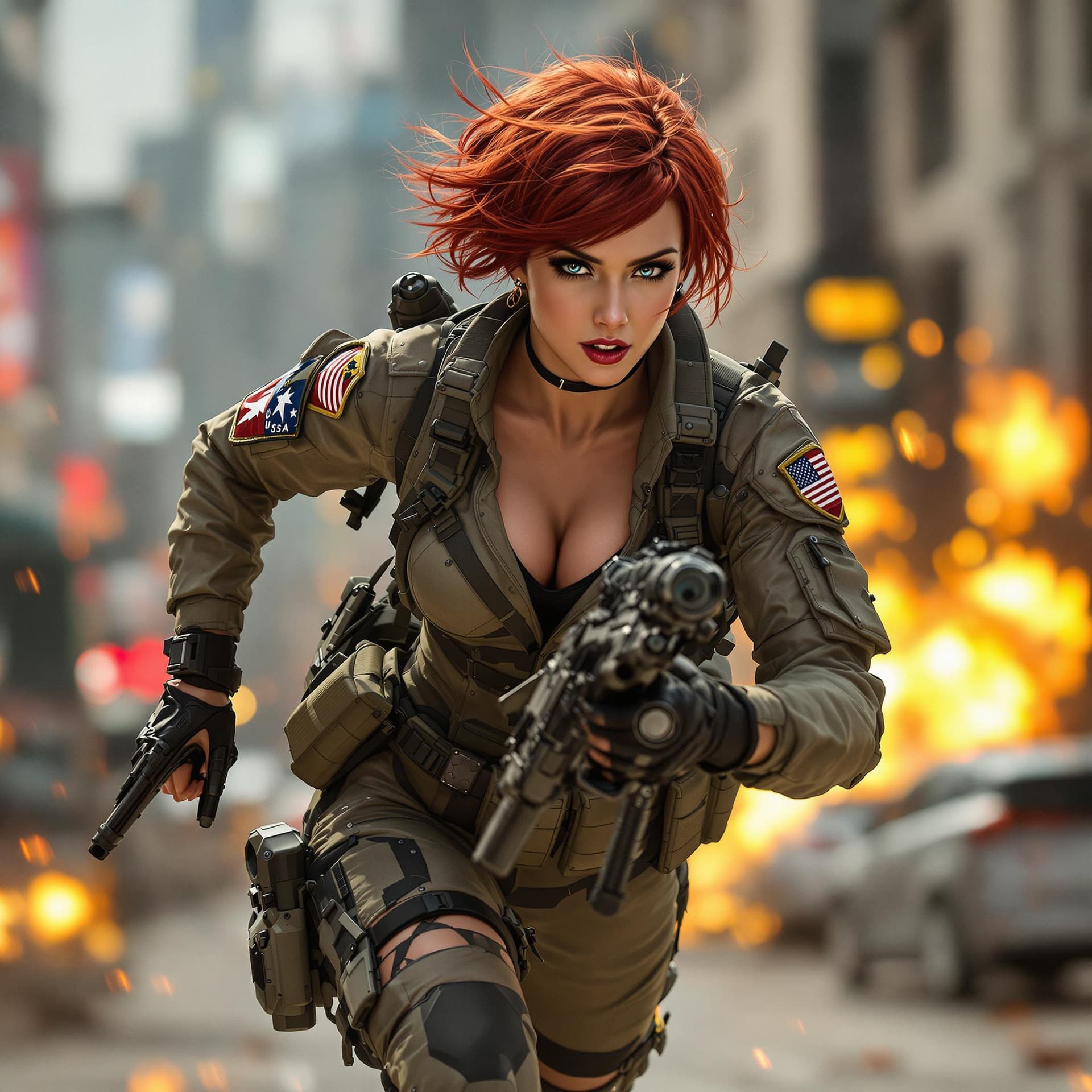 AI generated:  femle,A red short hair, medium length, fit female soldier, strong muscles,
USA military suit,  carr...