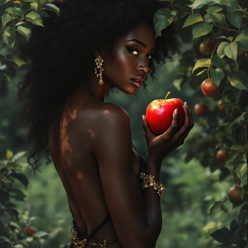 AI generated: black eve holding an apple in the garden.