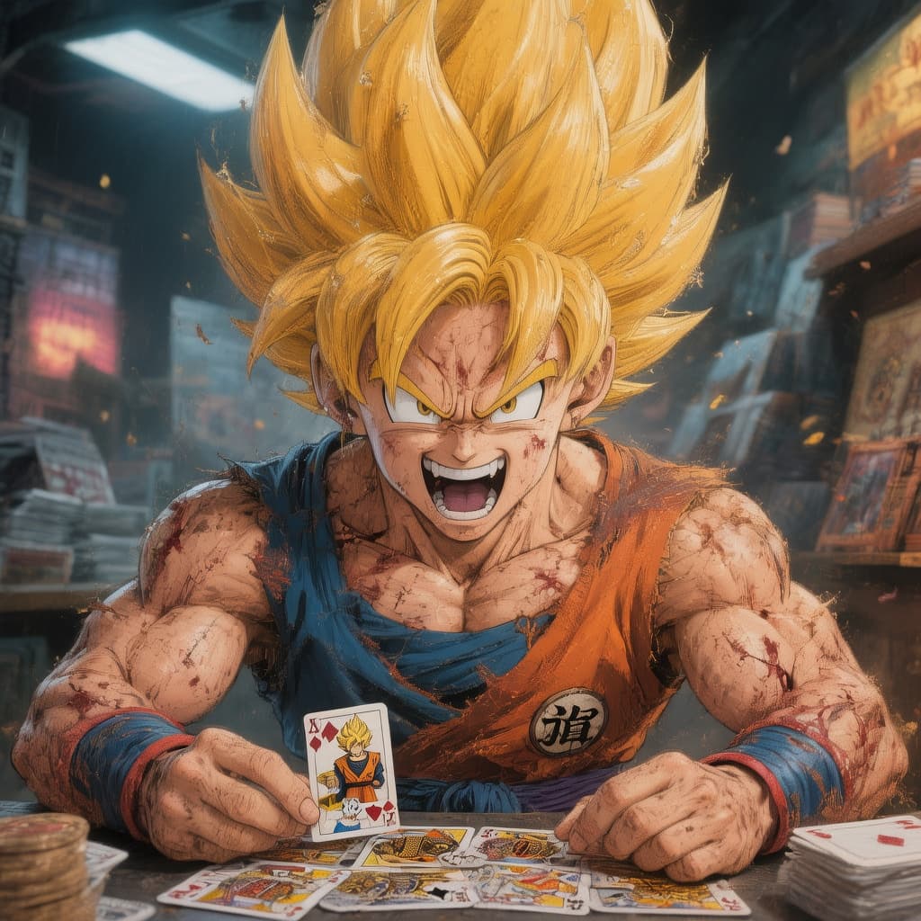 AI generated: quiero una imagen de son goku jugando a las cartas con freezer
