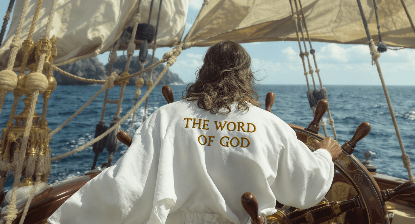 AI generated: A powerful cinematic shot from directly behind Jesus Christ standing at the ornate baroque ship's he...