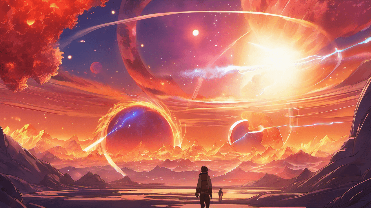 AI generated: anime artwork Three-Body Problem, no one, three suns in the sky, magma pouring out from everywhere ....