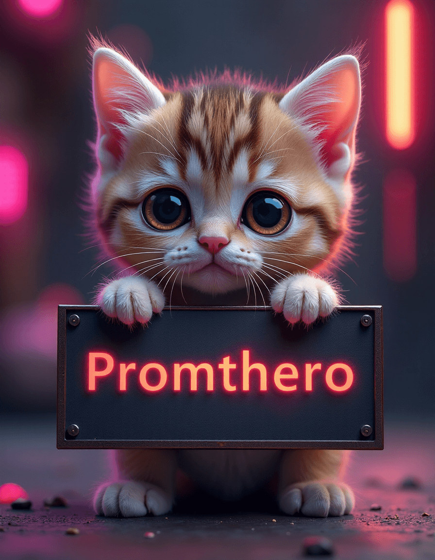 AI generated: Cute Baby cat with huge eyes, sad eyes, holding a Flat lay mockup of [a futuristic metal sign] (with...