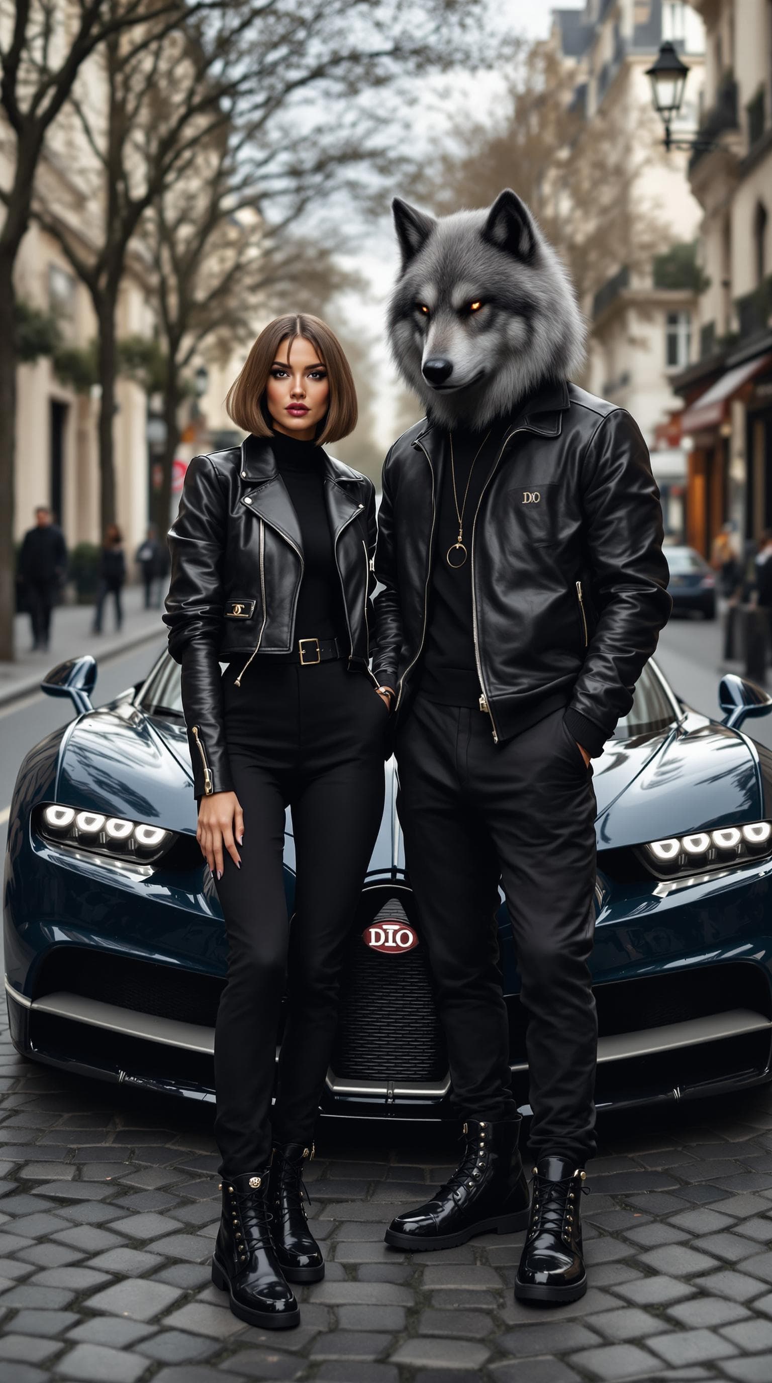 AI generated: A chic woman with a bob haircut, dressed in a Saint Laurent leather jacket, high-waisted black slack...