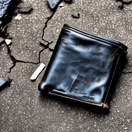 AI generated: an open abandoned leather wallet lying against a pavement crack. Style: goth