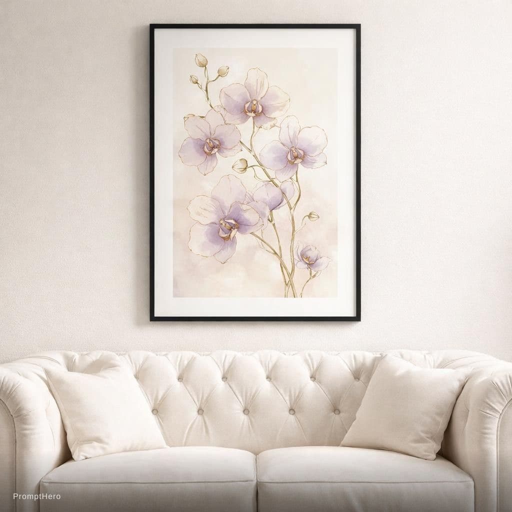 AI generated: One single framed artwork with black borders hanging on a light-colored wall above a plush, elegant ...