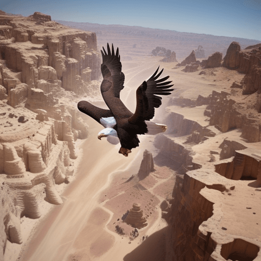 AI generated: PARACHUTE JUMPER PLAYING WITH AN AMERICAN EAGLES OVER THE CITY OF PETRA CONTRE PLONGEE SCENE