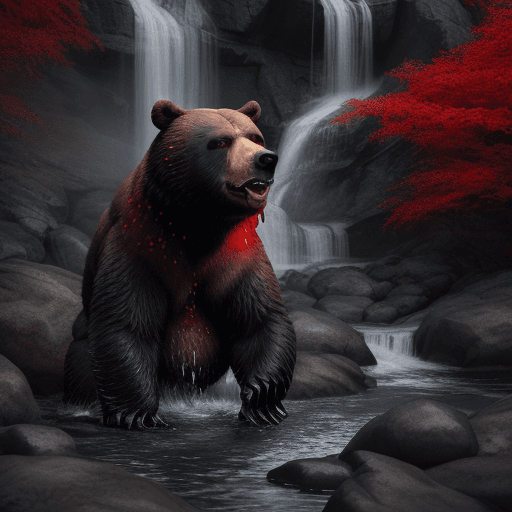 AI generated: bear with a grin, screaming, muzzle pointing up at the rocks from which the waterfall flows. on the ...