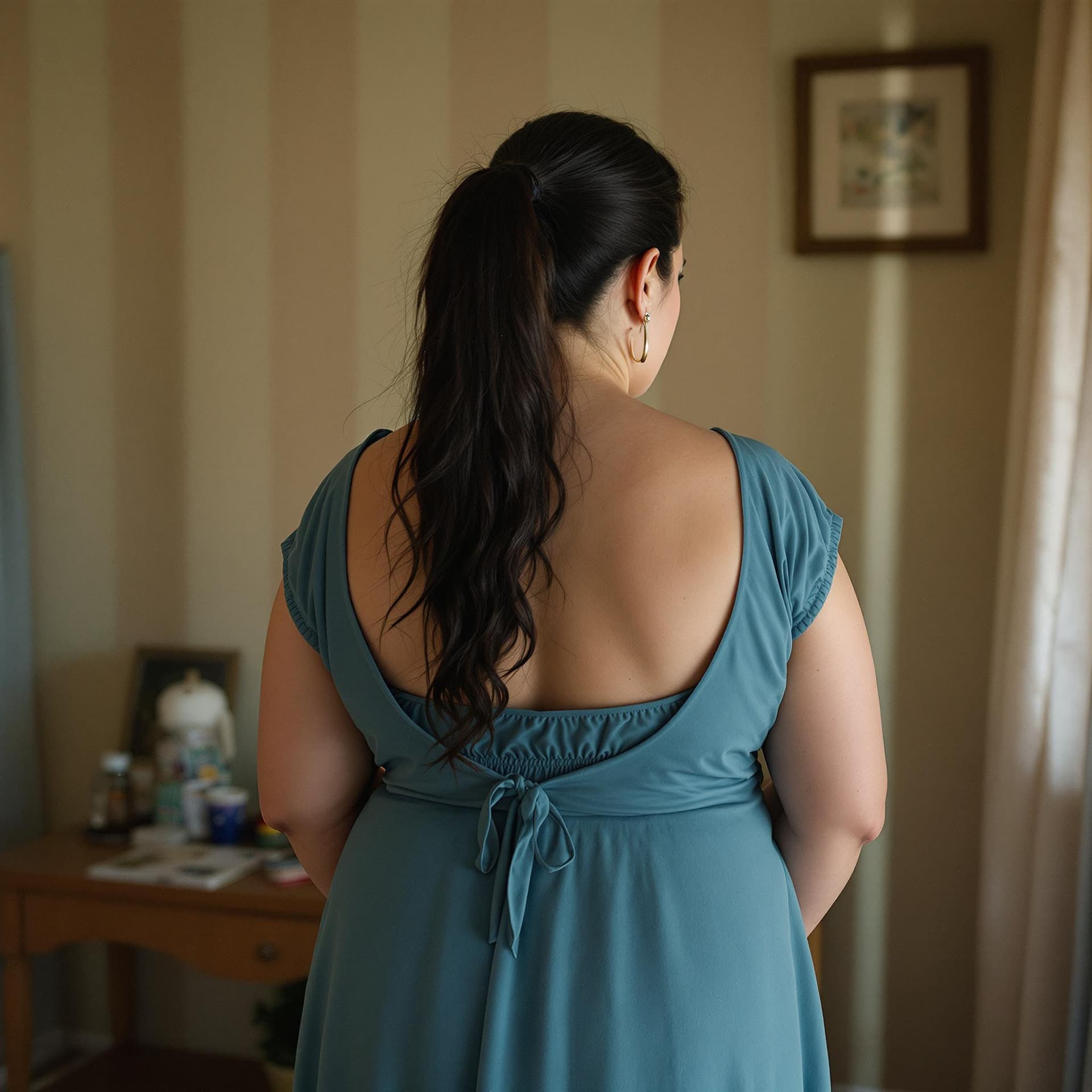 AI generated: back angle, open back dress, chubby  russian mother age mid 50 in very  long dark ponytail hair, hai...