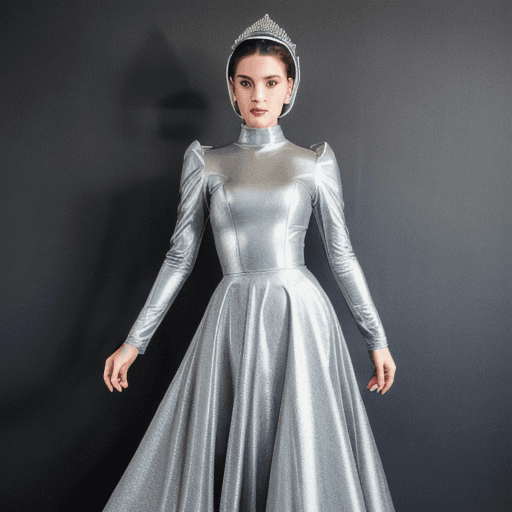 AI generated: A model wearing an avant-garde dress with a futuristic helmet, standing in front of a dark grey back...