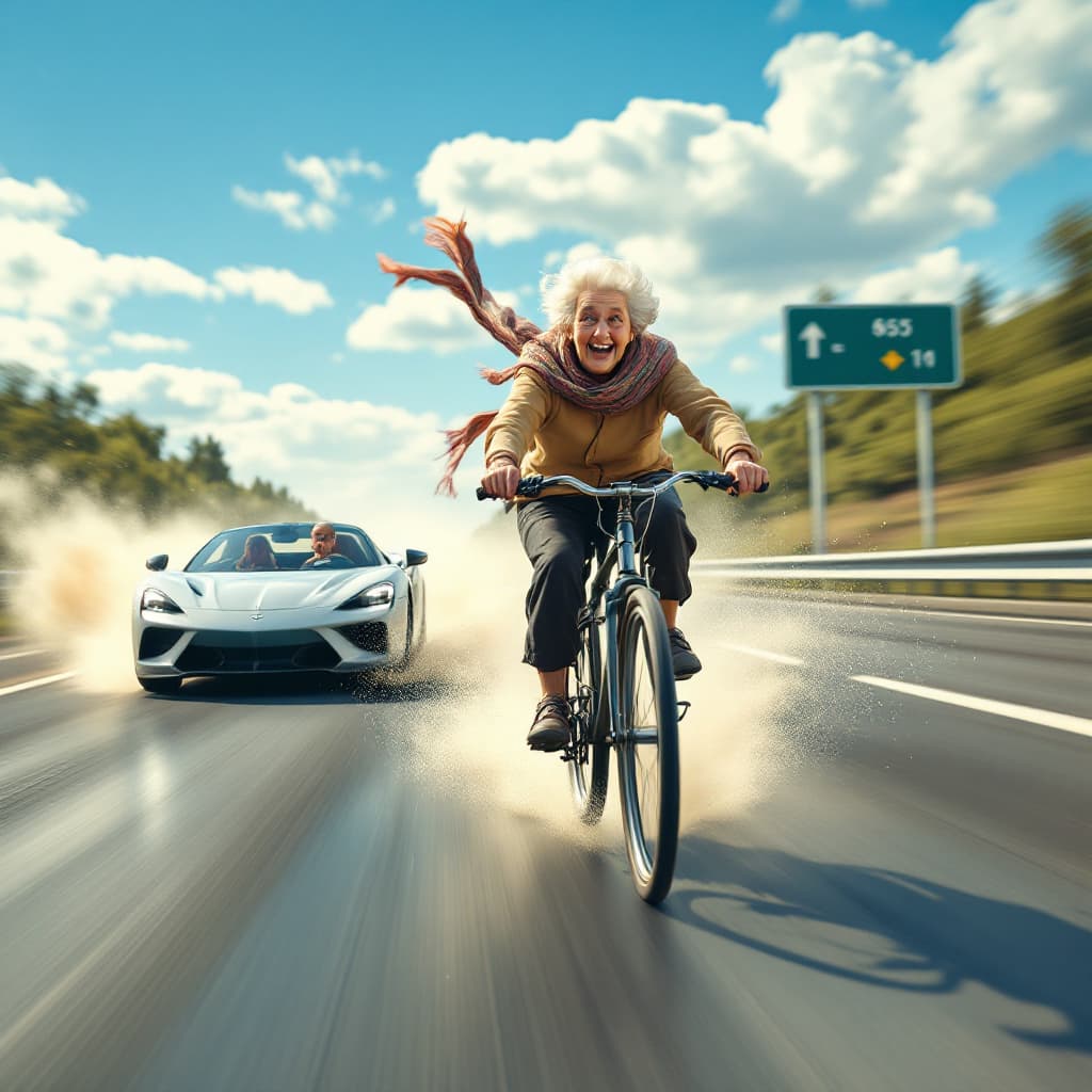 AI generated: The image depicts a humorous and surreal scene on a highway. An elderlywoman is riding a classic bic...
