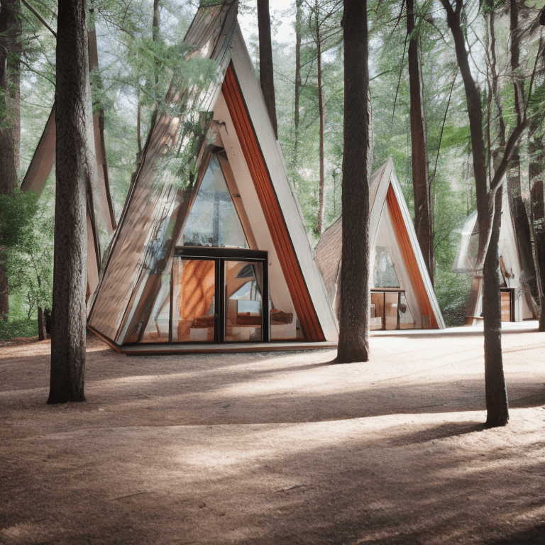 AI generated: imagine a highly detailed image of a futuristic A-frame cabin nestled in a dense forest, showcasing ...