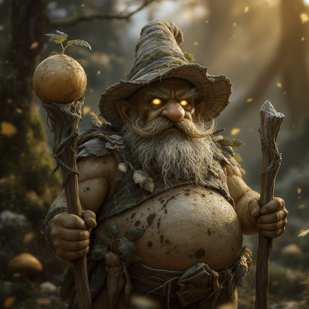 AI generated: “Hyperrealistic fantasy earth mage, resembling a wise old potato-gnome with a round dirt-streaked be...