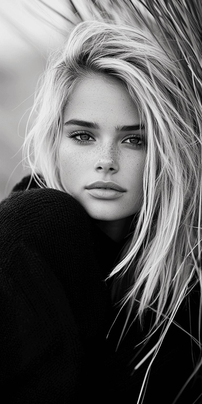 AI generated: a young woman standing in the grass, in the style of stark black-and-white photography, hasselblad 1...