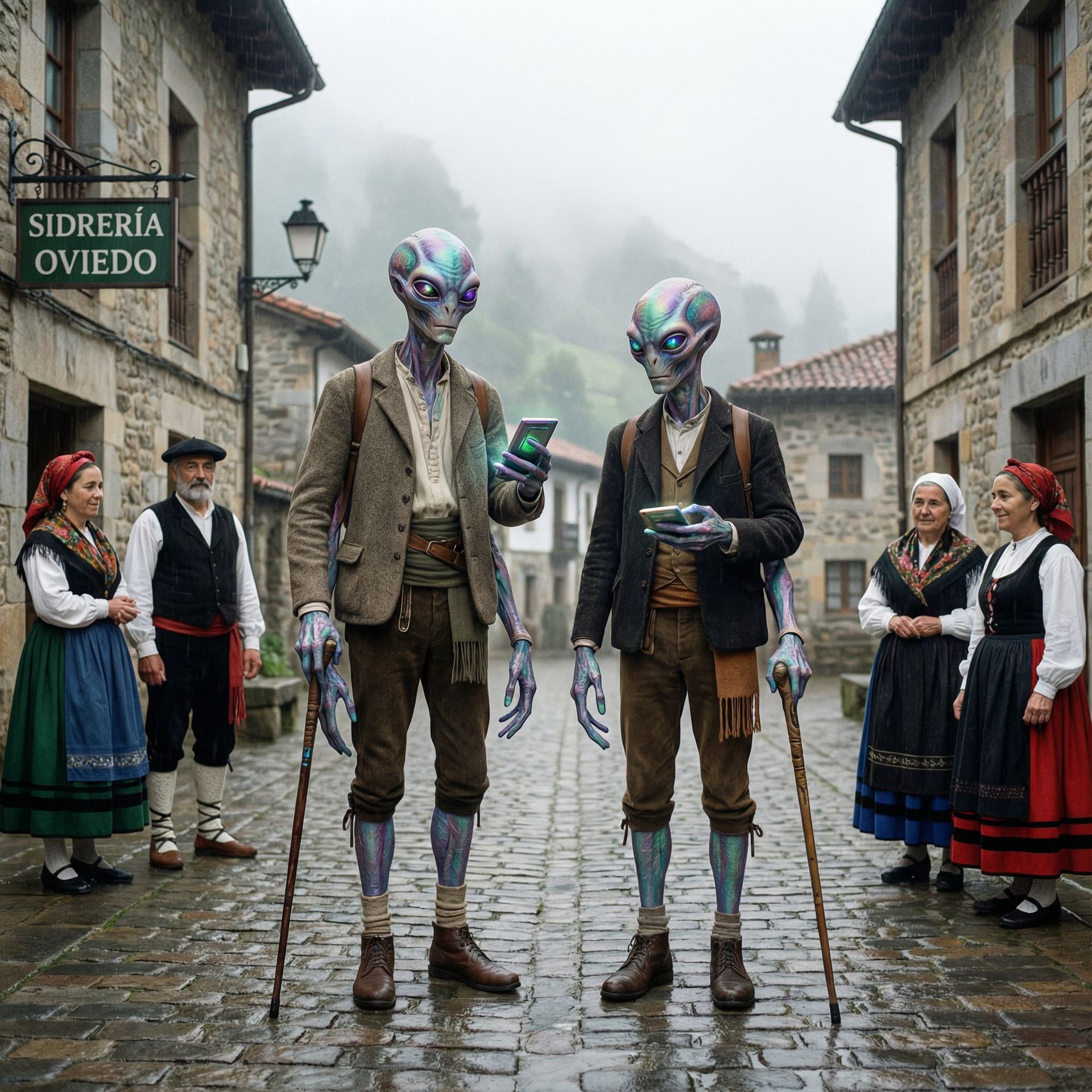 AI generated: Una pareja de alienigenas futuristas llegan al rural gallego para investigar un crimen, se tienen qu...