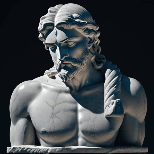 AI generated: greek statue of Poseidon, in meditation pose, reimagined by industrial light and magic,black, silver...