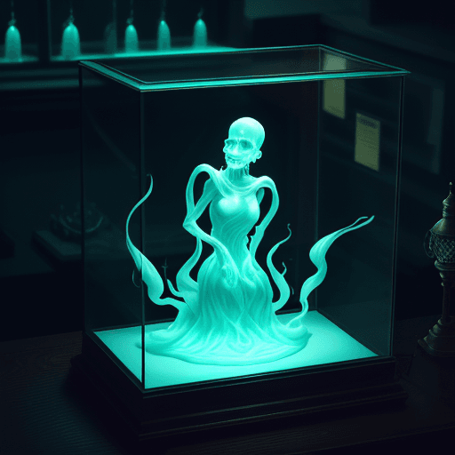 AI generated: a display case for a glowing ectoplasmic ghost in a laboratory environment, cinematic, dramatic ambi...