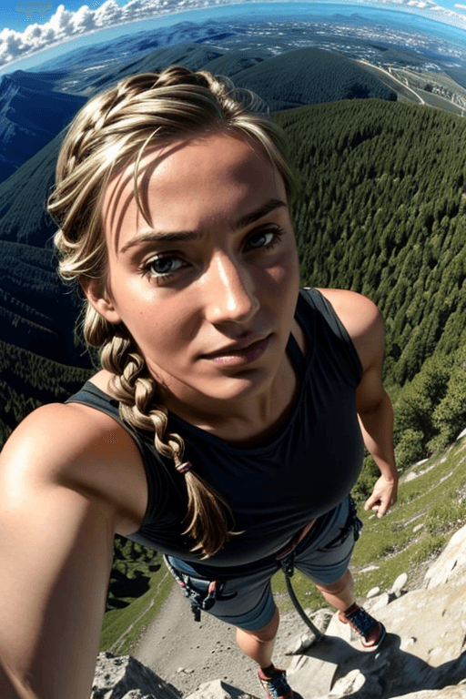 AI generated: extreme closeup, gopro, selfie, 40 year old woman, braided hair, climbing mountain, masterpiece, 8k ...