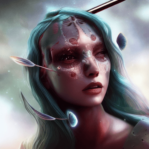 AI generated: Girl with katana Goddess close-up portrait ribcagel. jellyfish phoenix head, nautilus, orchid, skull...