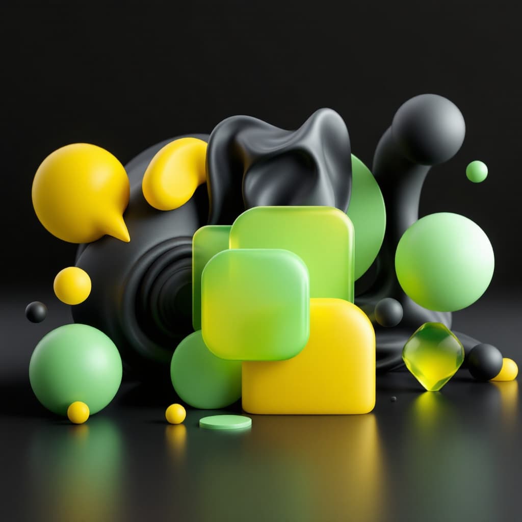AI generated: 3D geometric shape composition, vivid green and yellow, dark grey colored, various sleek texture, tr...