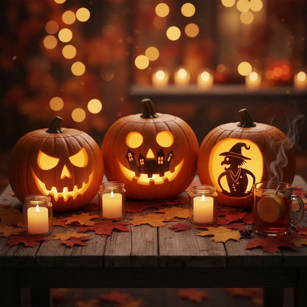 AI generated: Cinematic Halloween pumpkin photography, beautifully carved glowing jack-o-lanterns, autumn leaves, ...