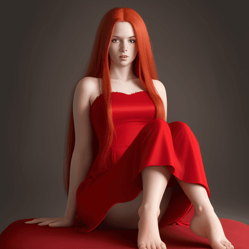 AI generated: Hyper realistic women with Long Red Hair in a Red Dress showing of her soles