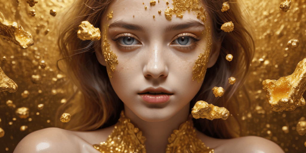 AI generated: Commercial photography, powerful explosion of (gold dust),Hyper-realistic medium shot portrait girl ...