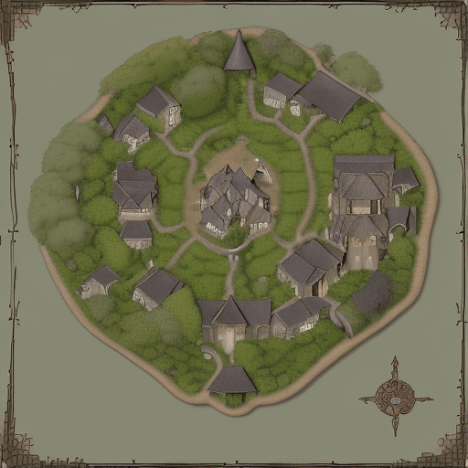 AI generated: 2d dnd battlemap of a small village of Millfield, surrounded by dense forests and rolling hills. The...