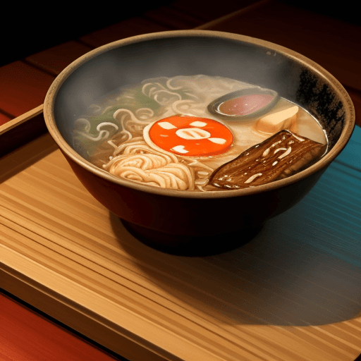 AI generated: a single bowl hot ramen at night in japan on a wooden table
