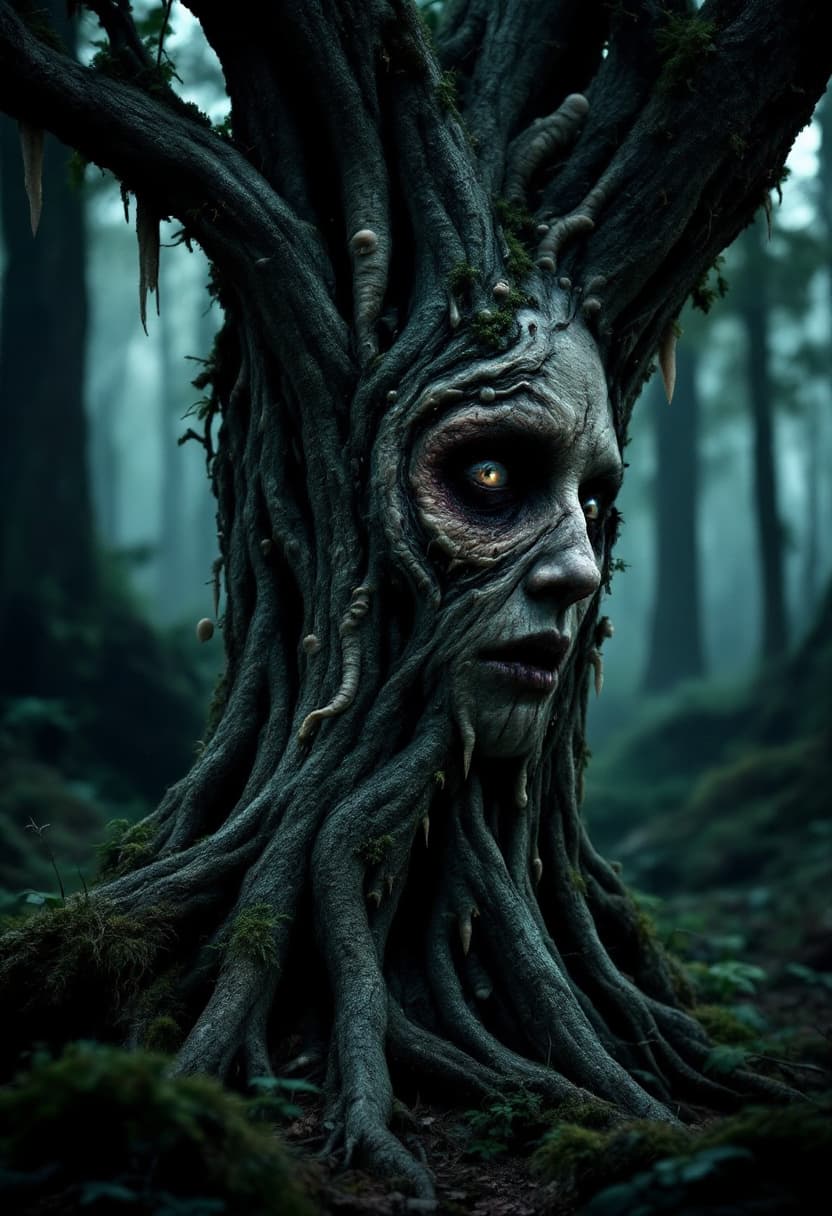 AI generated: A haunting human face partially fused into the trunk of a decaying tree, infected and overtaken by p...
