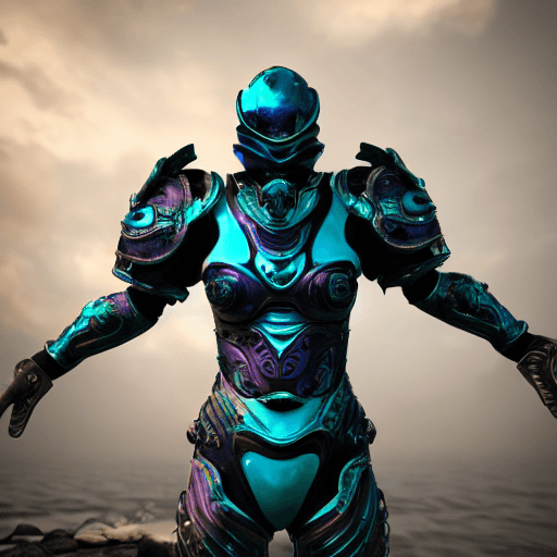 AI generated: a photo of 8k ultra realistic sea green, intricate purple and blue neon armor, ornate, cinematic lig...
