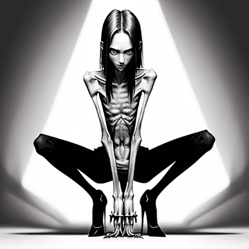 AI generated: squatting position of extreme skinny slender anorexic girl very skinny slender girl, with long curve...