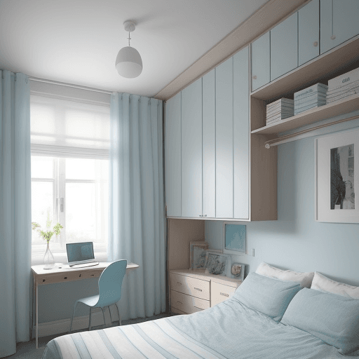 AI generated: Creating a cozy bedroom in a 3x3m² space, featuring a prominent large window and a soft light blue c...