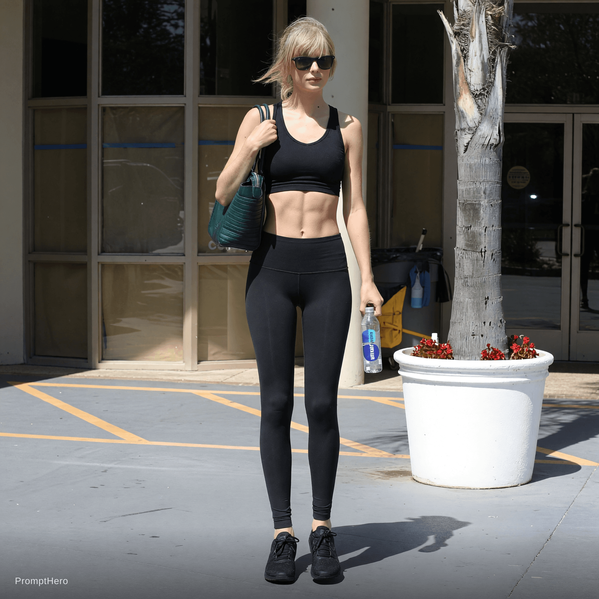 AI generated: Full length image of woman 6ft5in tall wearing her black tights and crop top, her abs clearly visibl...