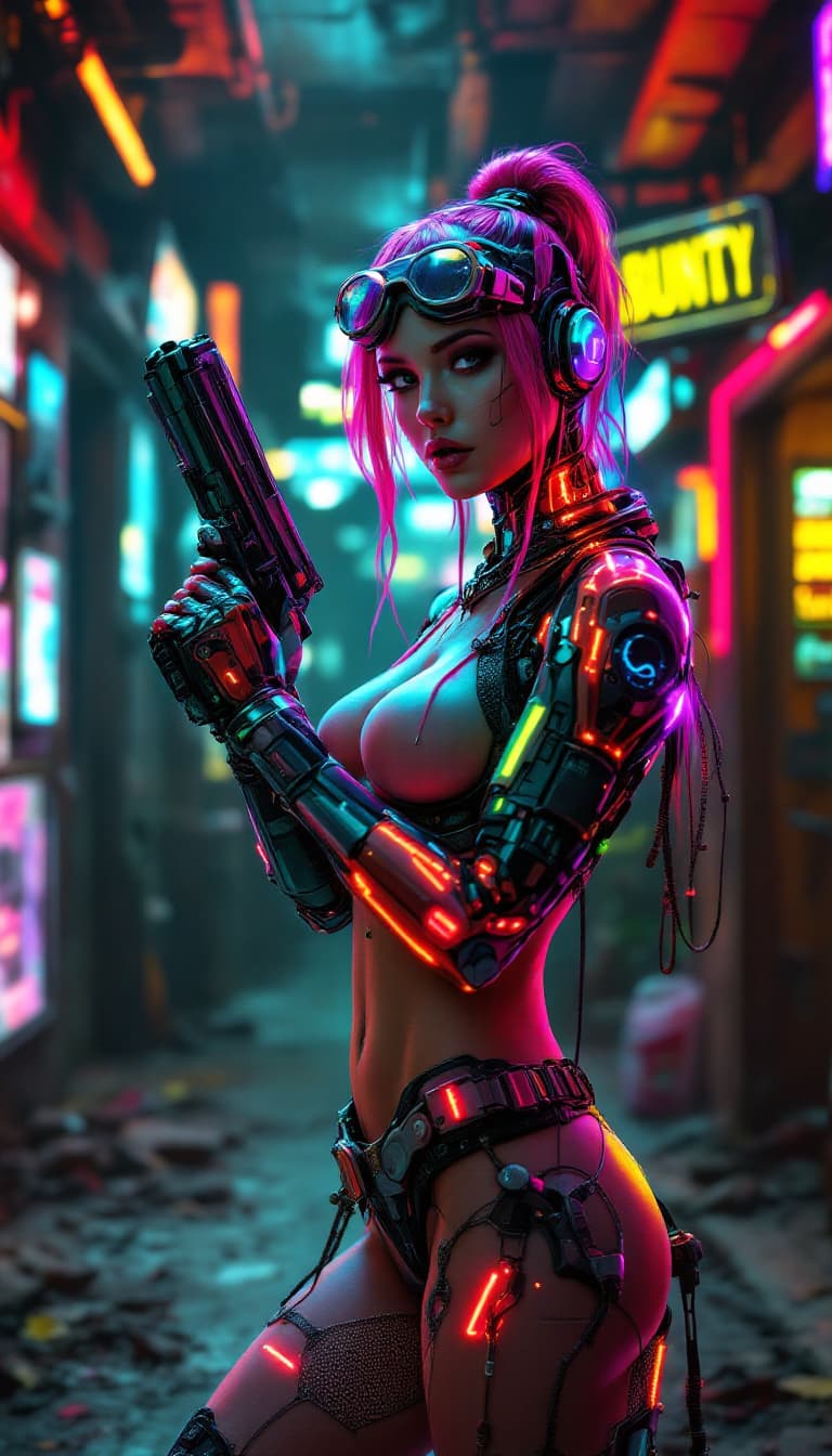 AI generated: A cybernetic gunslinger, with vibrant pink hair and intricate circuitry visible beneath her transpar...