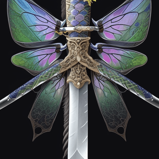 AI generated: A thin sword tattoo, the sword has dragonfly wings and two scales hanging from the sword, add flower...