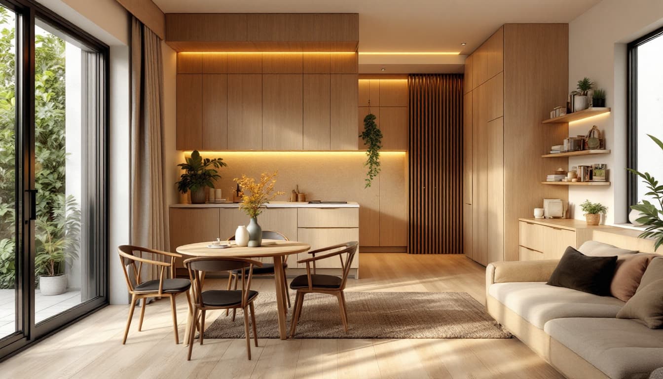 AI generated: Realistic 8x5m studio with front garden entrance into a warm, wood-accented kitchen and living area....