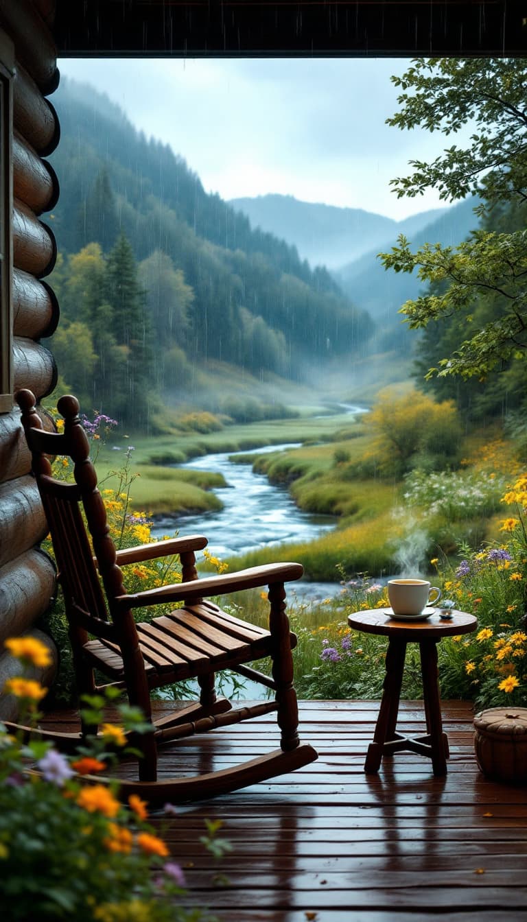 AI generated: A realistic, wide angle scene of a wooden rocking chair on a small porch on a log cabin. A small, wo...