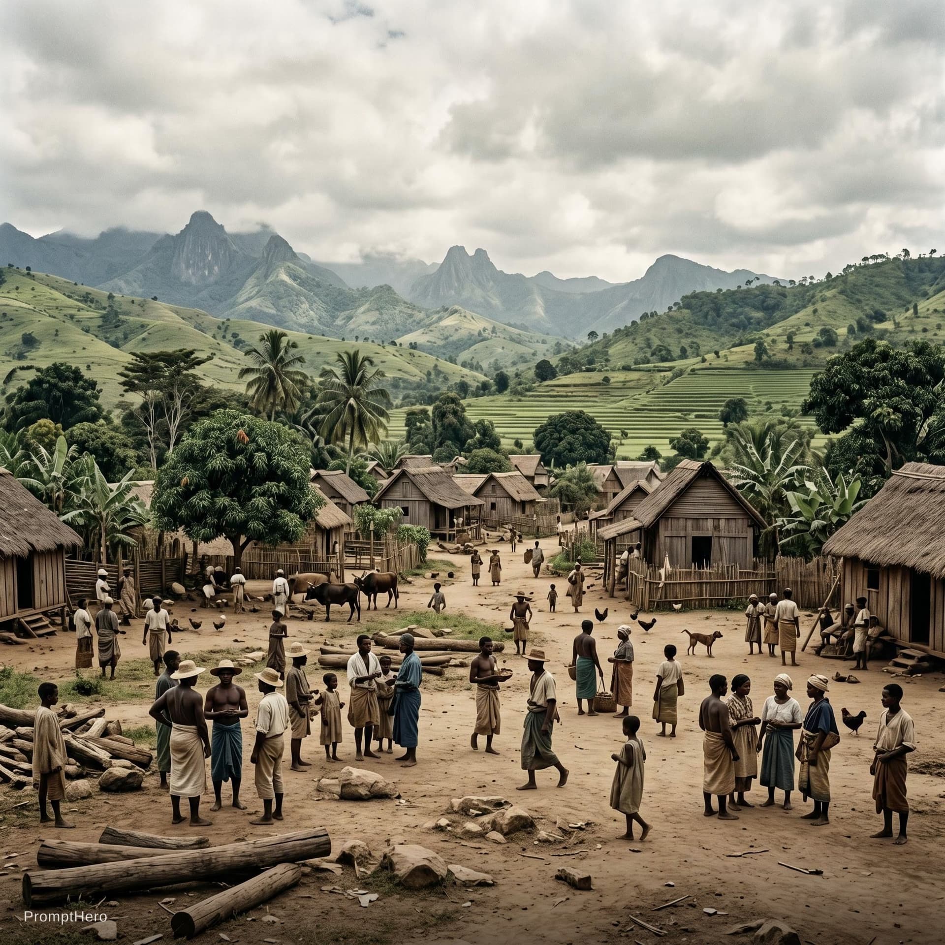 AI generated: Prompt: A wide-angle, ground-level eye-level shot of a rural Madagascar village clearing in 1838. Th...