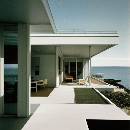 AI generated: Hyper realistic eye level exterior photo of a mid century modern style house overlooking the ocean, ...