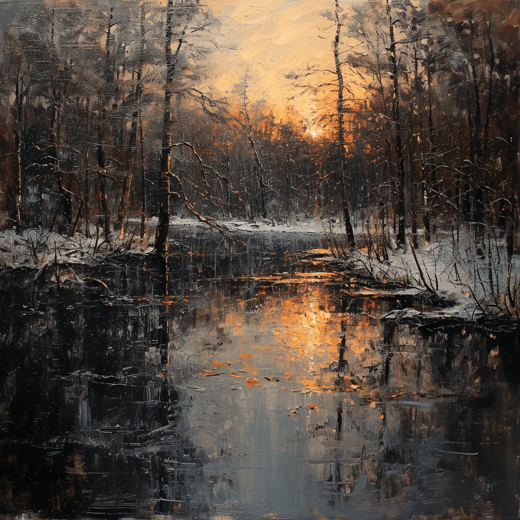 AI generated: Sunrises and sunsets Winter lake in Belarus,ugly, deformed, noisy, blurry, distorted, out of focus, ...