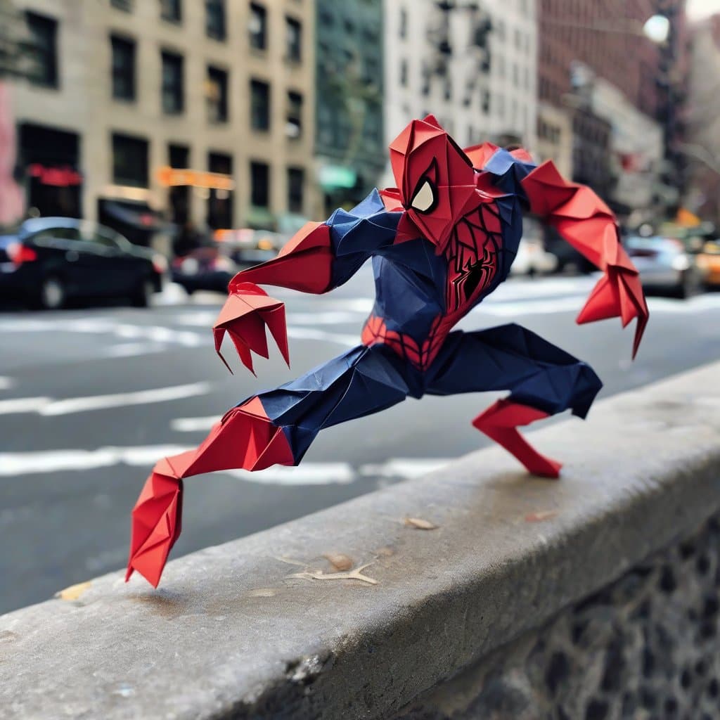 AI generated: Origami spiderman crouching on wall, new york city